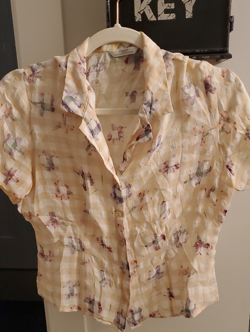 Marks & Spencer- Gauzy Viscose/acetate Floral/ Checkered Blouse Vintage Sz.10